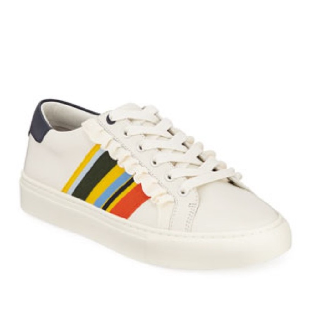 Tory Burch Sport Fashion Leather Ruffle Colorful Striped Sneakers, Size 7